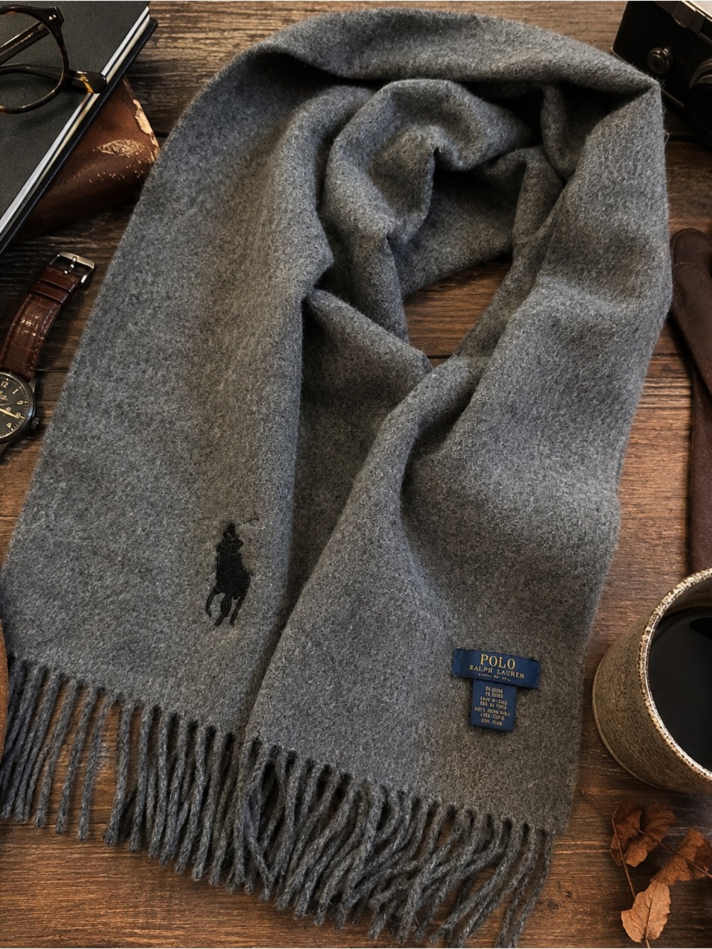 Polo Ralph Lauren Italy 100% Virgin Wool Gray Fringe Scarf Big Pony 56”